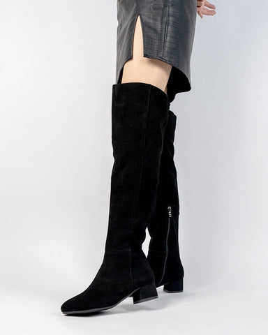 Stretch Side Zipper Over The Knee Chunky Heel Thigh High Boots