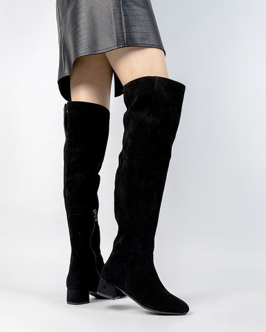 Stretch Side Zipper Over The Knee Chunky Heel Thigh High Boots