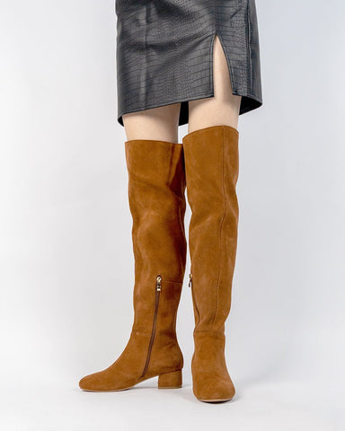 Stretch Side Zipper Over The Knee Chunky Heel Thigh High Boots