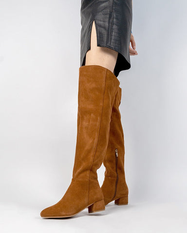 Stretch Side Zipper Over The Knee Chunky Heel Thigh High Boots