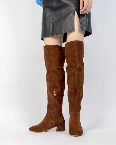 Stretch Side Zipper Over The Knee Chunky Heel Thigh High Boots