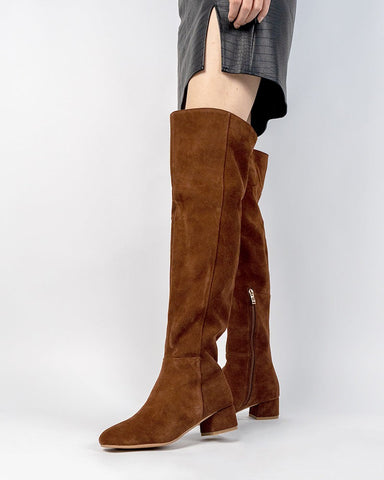 Stretch Side Zipper Over The Knee Chunky Heel Thigh High Boots