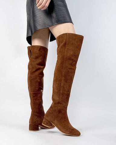 Stretch Side Zipper Over The Knee Chunky Heel Thigh High Boots