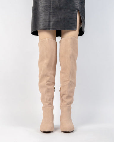 Stretch Side Zipper Over The Knee Chunky Heel Thigh High Boots