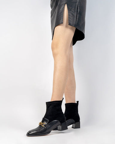Elastic Slip On Mid Heel Chunky Block Ankle Boots