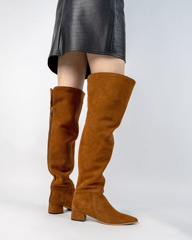 Stretch Back Zipper Over The Knee Chunky Heel Thigh High Boots