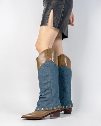 Knee High Denim Cowboy Cowgirl Western Boots