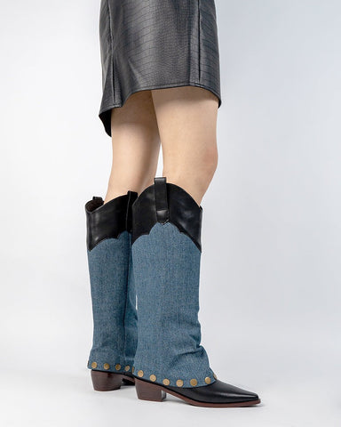 Knee High Denim Cowboy Cowgirl Western Boots