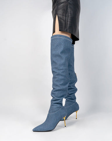 Denim Stiletto Heel Pointed Toe Over Knee High Boots