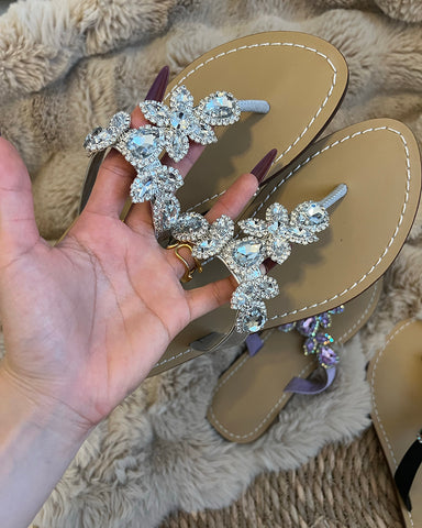 Rhinestone Embellished Flat Boho Crystal Thong Sandals