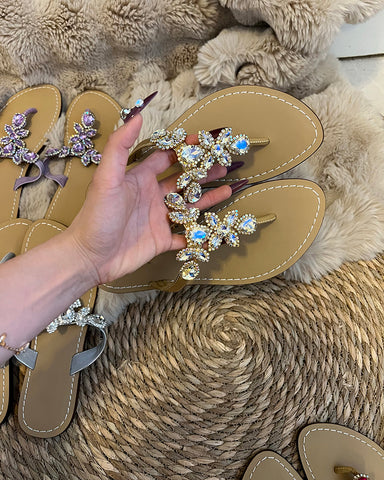 Rhinestone Embellished Flat Boho Crystal Thong Sandals