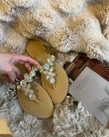 Rhinestone Embellished Flat Boho Crystal Thong Sandals