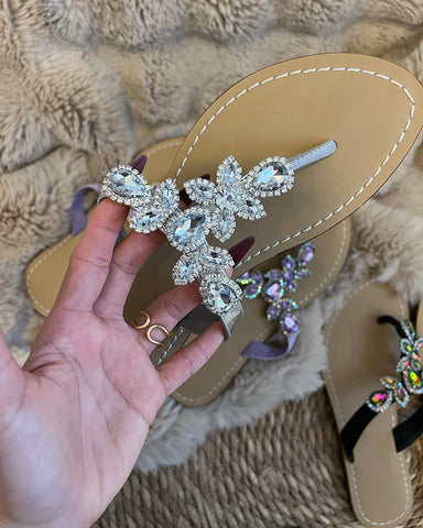 Rhinestone Embellished Flat Boho Crystal Thong Sandals