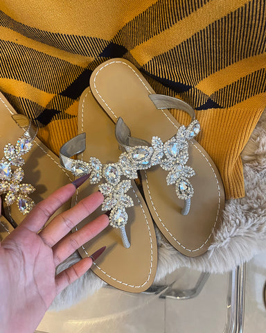 Rhinestone Embellished Flat Boho Crystal Thong Sandals