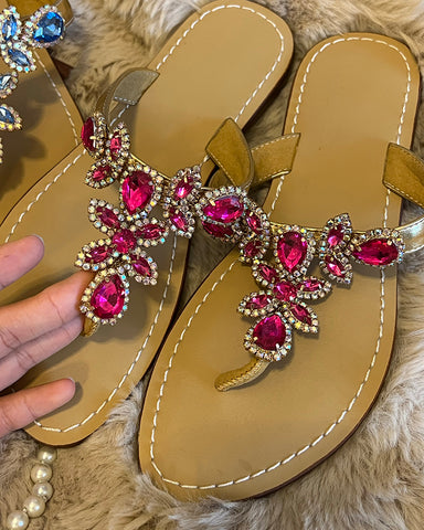 Rhinestone Embellished Flat Boho Crystal Thong Sandals