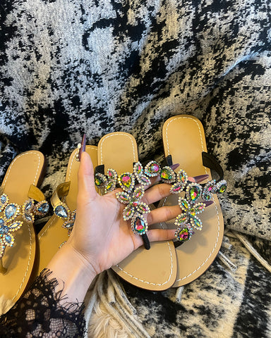 Rhinestone Embellished Flat Boho Crystal Thong Sandals