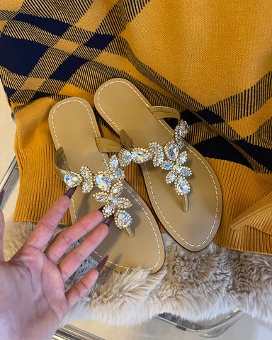 Rhinestone Embellished Flat Boho Crystal Thong Sandals