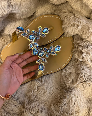 Rhinestone Embellished Flat Boho Crystal Thong Sandals