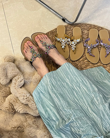 Rhinestone Embellished Flat Boho Crystal Thong Sandals