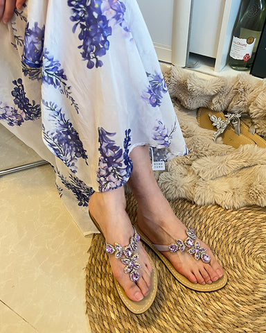 Rhinestone Embellished Flat Boho Crystal Thong Sandals