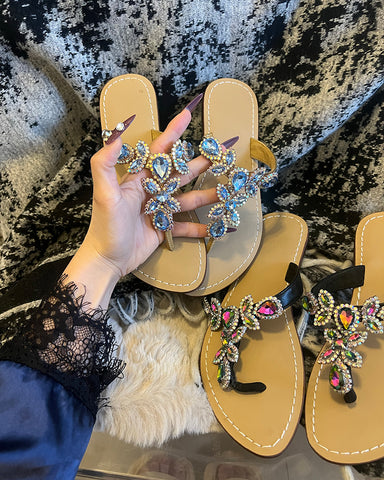 Rhinestone Embellished Flat Boho Crystal Thong Sandals