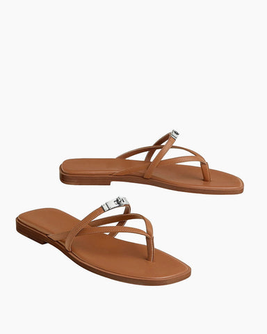 Women's Island Vacation Minimalist Lock Leather Flip-Flops Sandals