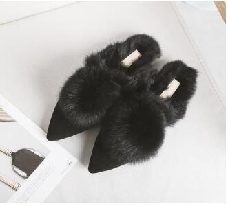 (Clean Up) Suede Pointed Toe Backless Pompom Slippers Mules