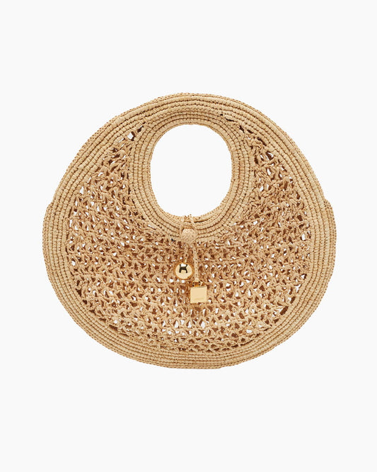 Chic Woven Raffia Circle Bag with Gold Charm Pendant