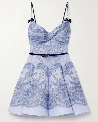 Embellished Velvet-trimmed Linen and Silk-blend Mini Dress