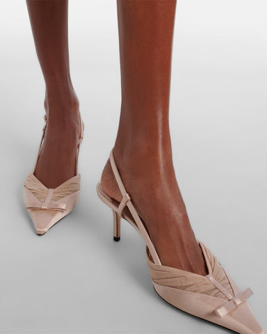 Satin Mesh Slingback Pumps with Bow Detail
