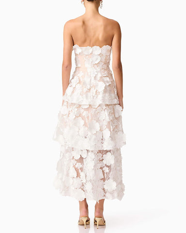 Women’s White Strapless 3D Floral Embroidered Tiered Maxi Dress