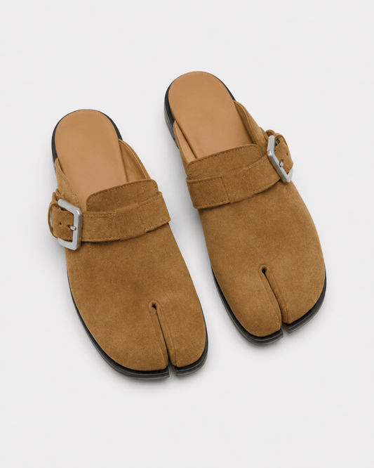 Brown Suede Flat Sole Split-Toe Sandal Mules