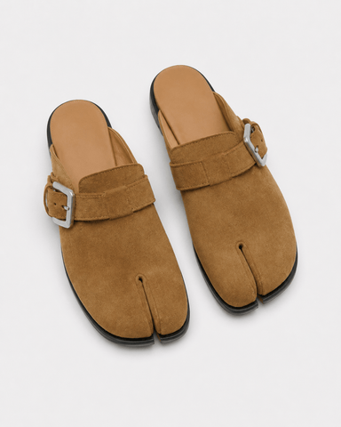 Brown Suede Flat Sole Split-Toe Sandal Mules