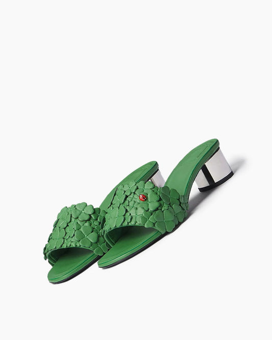 Women’s Green Floral Appliqué Mirrored Block Heel Slide Sandals