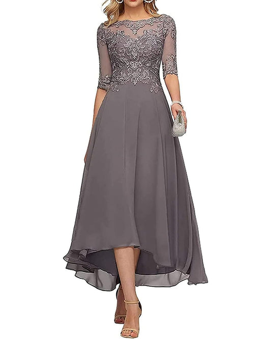 Wedding Guest Lace Appliqué Mesh Midi Dress