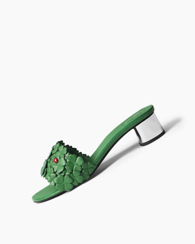 Women’s Green Floral Appliqué Mirrored Block Heel Slide Sandals