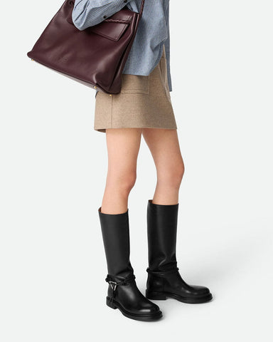 Smooth Leather Knee-high Booties Metal Triangle Knot Detail Strap