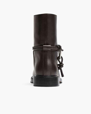 Smooth Leather Booties Metal Triangle Knot Detail Strap