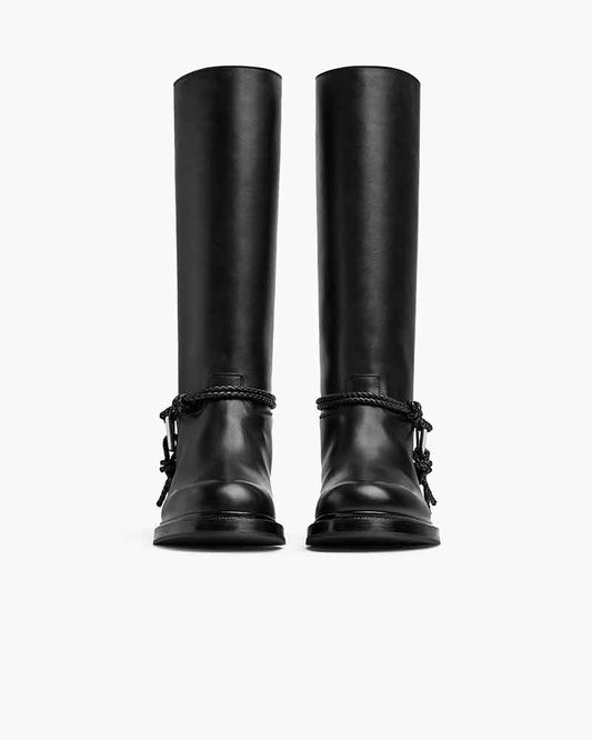 Smooth Leather Knee-high Booties Metal Triangle Knot Detail Strap