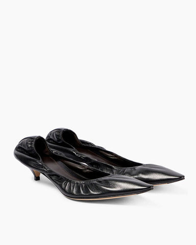 Black Leather Pointed Toe Pumps Ruched Design