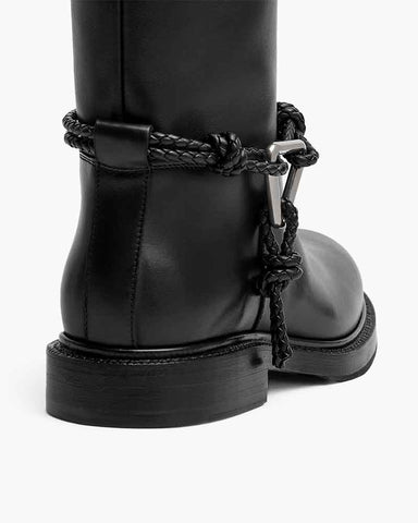 Smooth Leather Knee-high Booties Metal Triangle Knot Detail Strap
