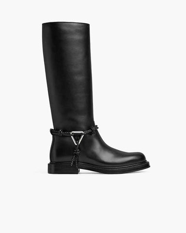 Smooth Leather Knee-high Booties Metal Triangle Knot Detail Strap