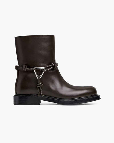 Smooth Leather Booties Metal Triangle Knot Detail Strap