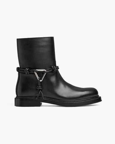 Smooth Leather Booties Metal Triangle Knot Detail Strap