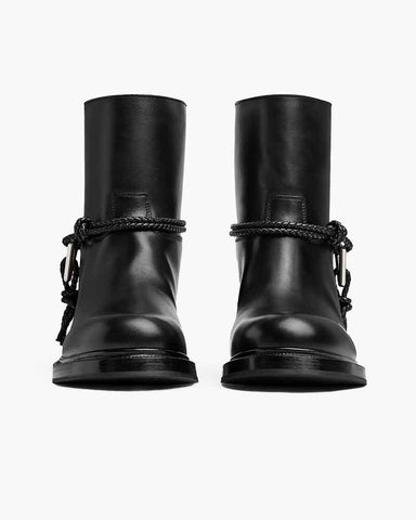 Smooth Leather Booties Metal Triangle Knot Detail Strap