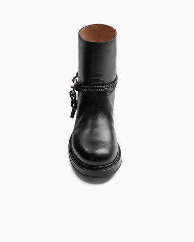 Smooth Leather Booties Metal Triangle Knot Detail Strap