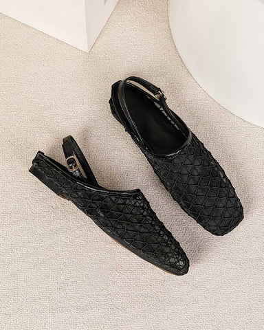 French Retro Mesh Square-Toe Slingback Mary Jane Flats