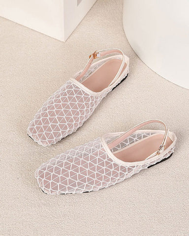 French Retro Mesh Square-Toe Slingback Mary Jane Flats