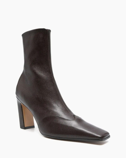 Square Toe Leather Booties High Block Heel Zip Closure