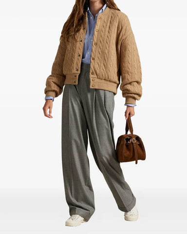 Wool Cashmere Cable Knit Bomber Jacket